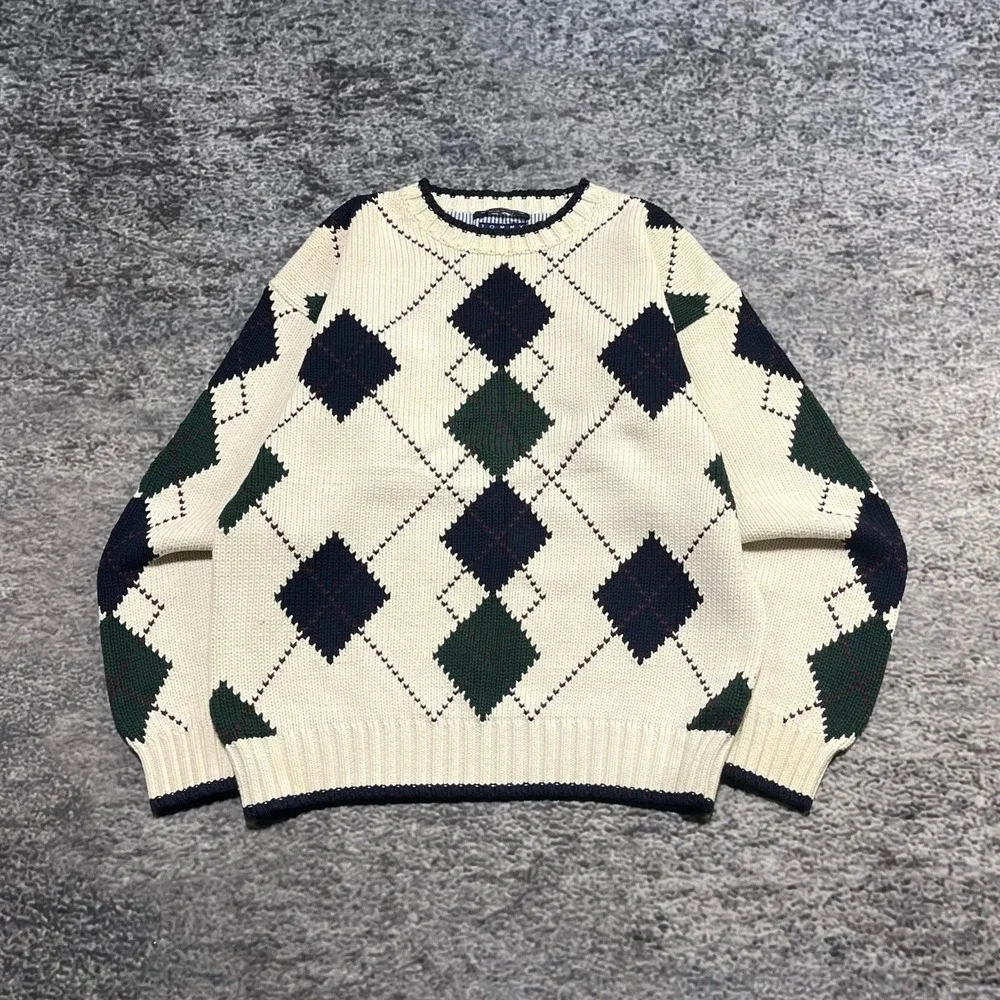 Vintage Tommy Hilfiger Sweater Mens‎ Large Cream Casual Pattern Cotton Jumper